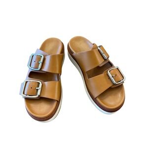 J/Slides NYC Women Tan Brown Leather Double Buckle Platform Slide Sandals 8.5M